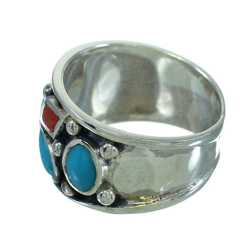 Southwest Turquoise And Coral Sterling Silver Jewelry Ring Size 8-1/4 AX82138